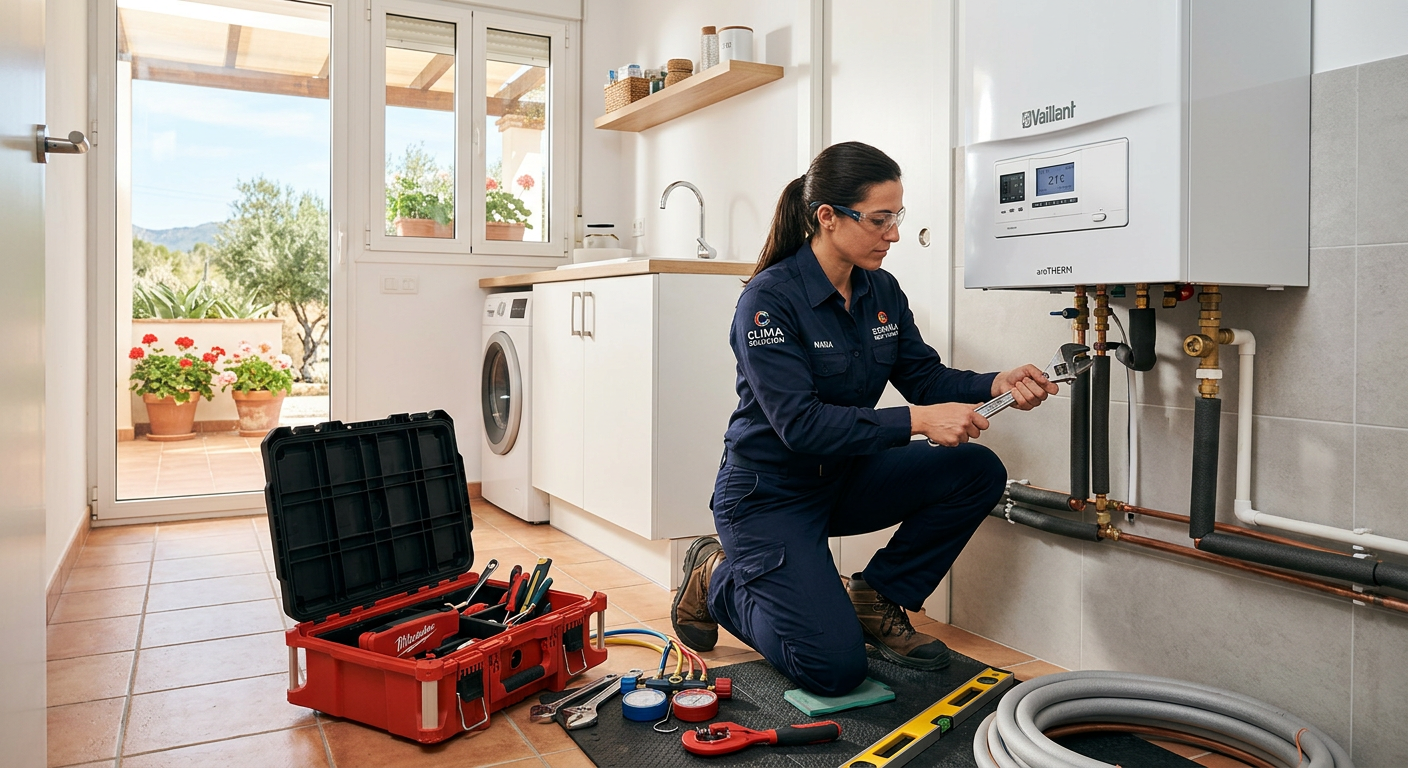 Técnica instaladora ajustando una unidad interior de aerotermia en una vivienda